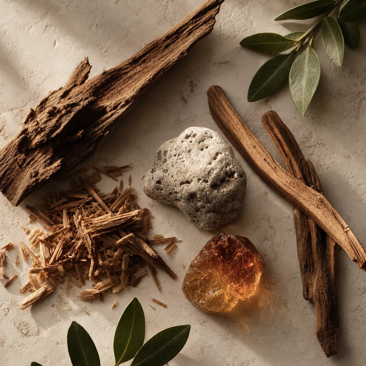 Sandalwood, amber resin and pale mineral notes arranged in warm evening light