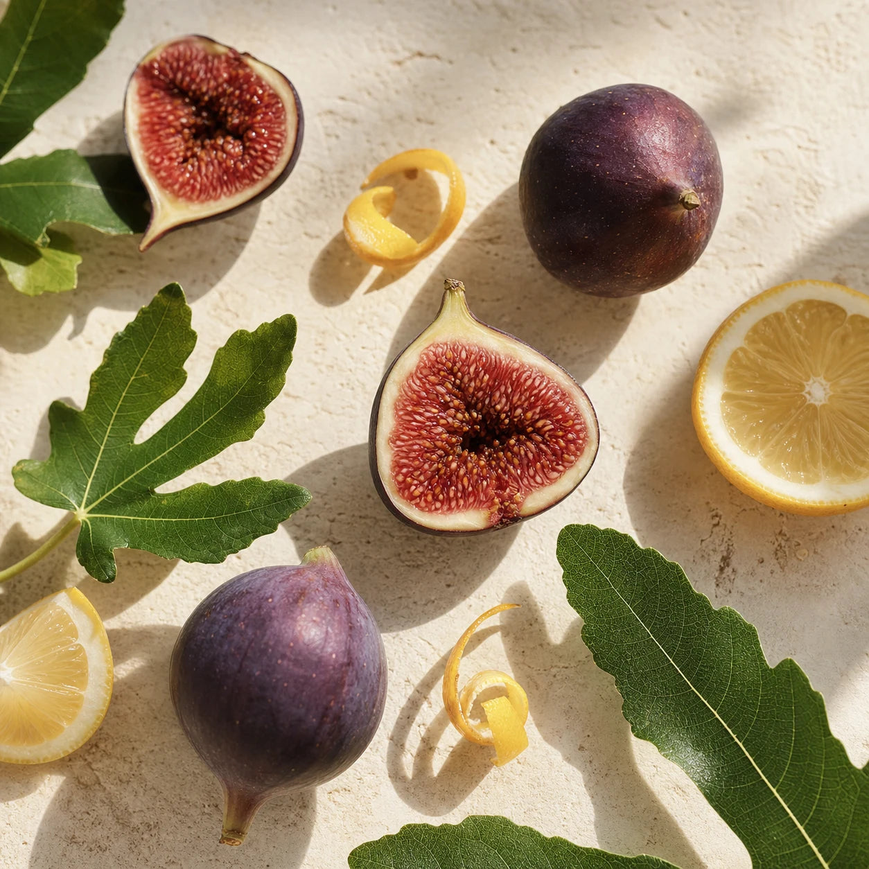 Fresh figs, fig leaves and citrus arranged in warm natural light