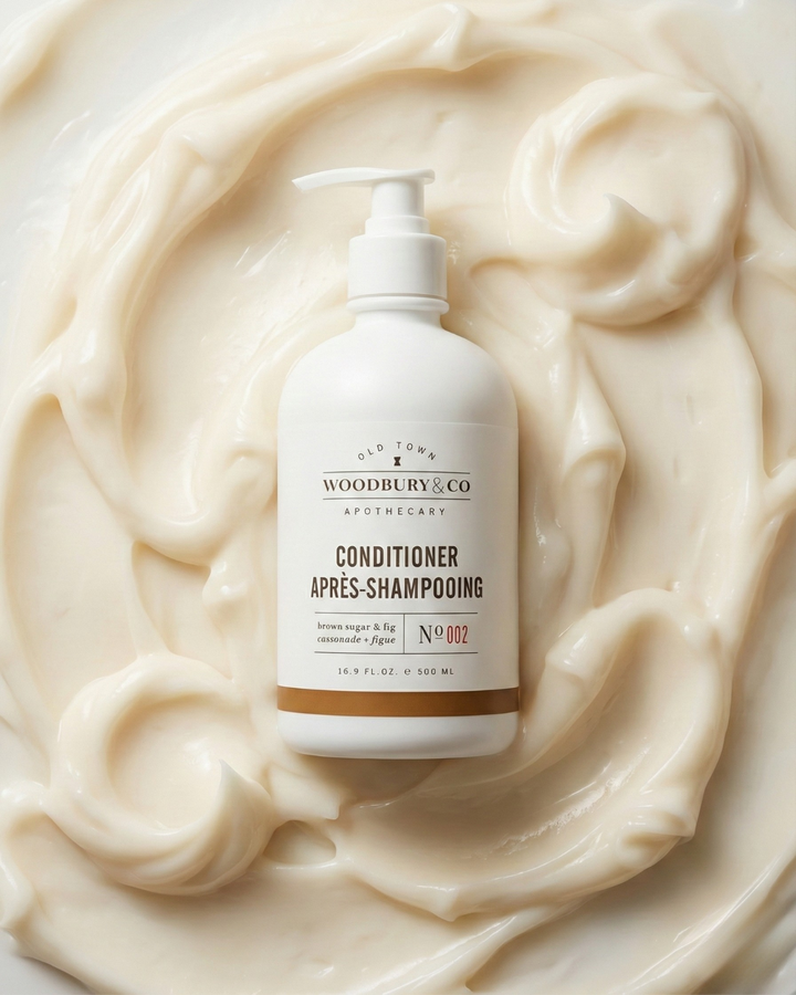 Woodbury & Co. conditioner bottle on a creamy background