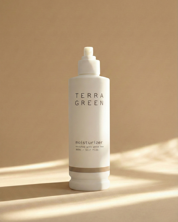 Terra Green moisturizer bottle on a beige background
