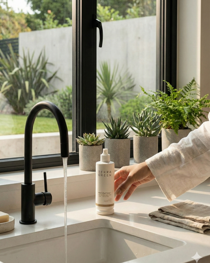Person washing hands with a bottle of soap in a modern kitchen with plants in the background