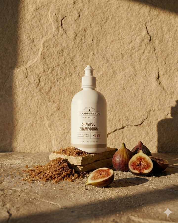 Shampoo bottle with figs on a stone surface