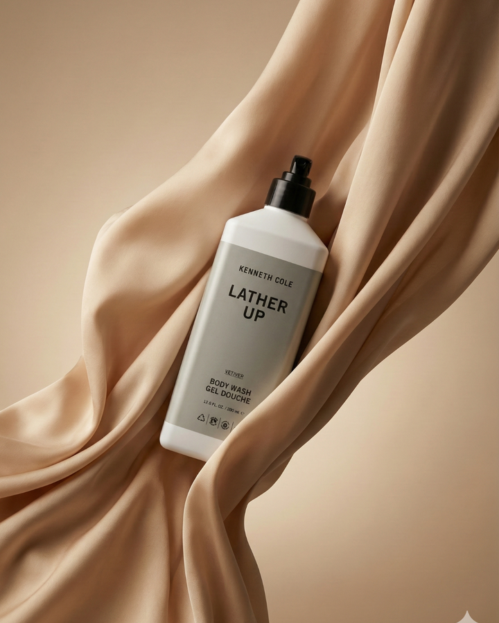 Kenny Cole Lather Up body wash bottle on beige fabric