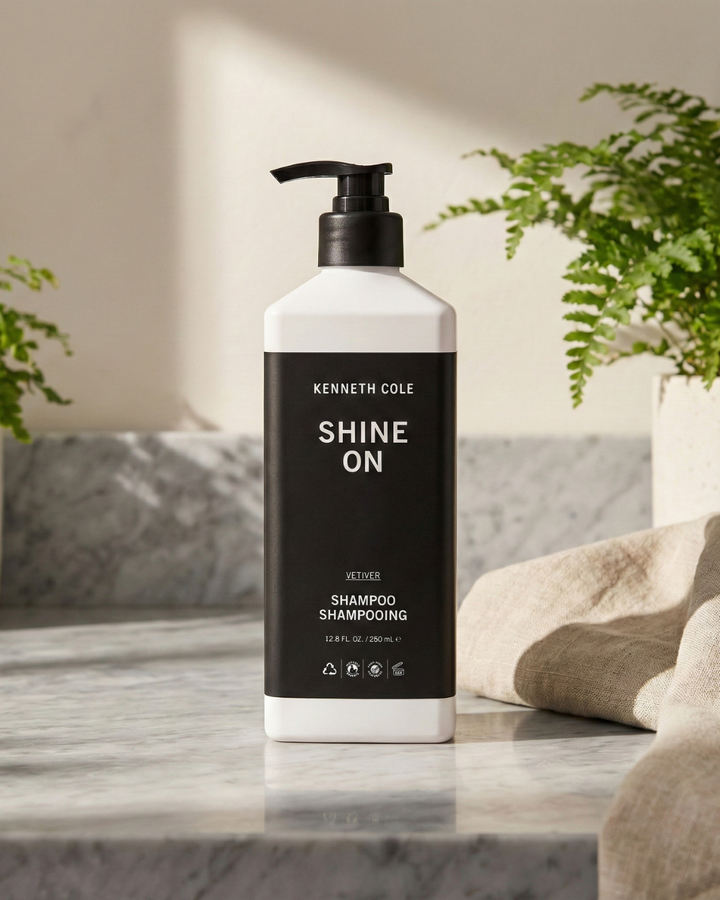 Kenneth Cole Shampoo bottle on a marble surface with plants in the background