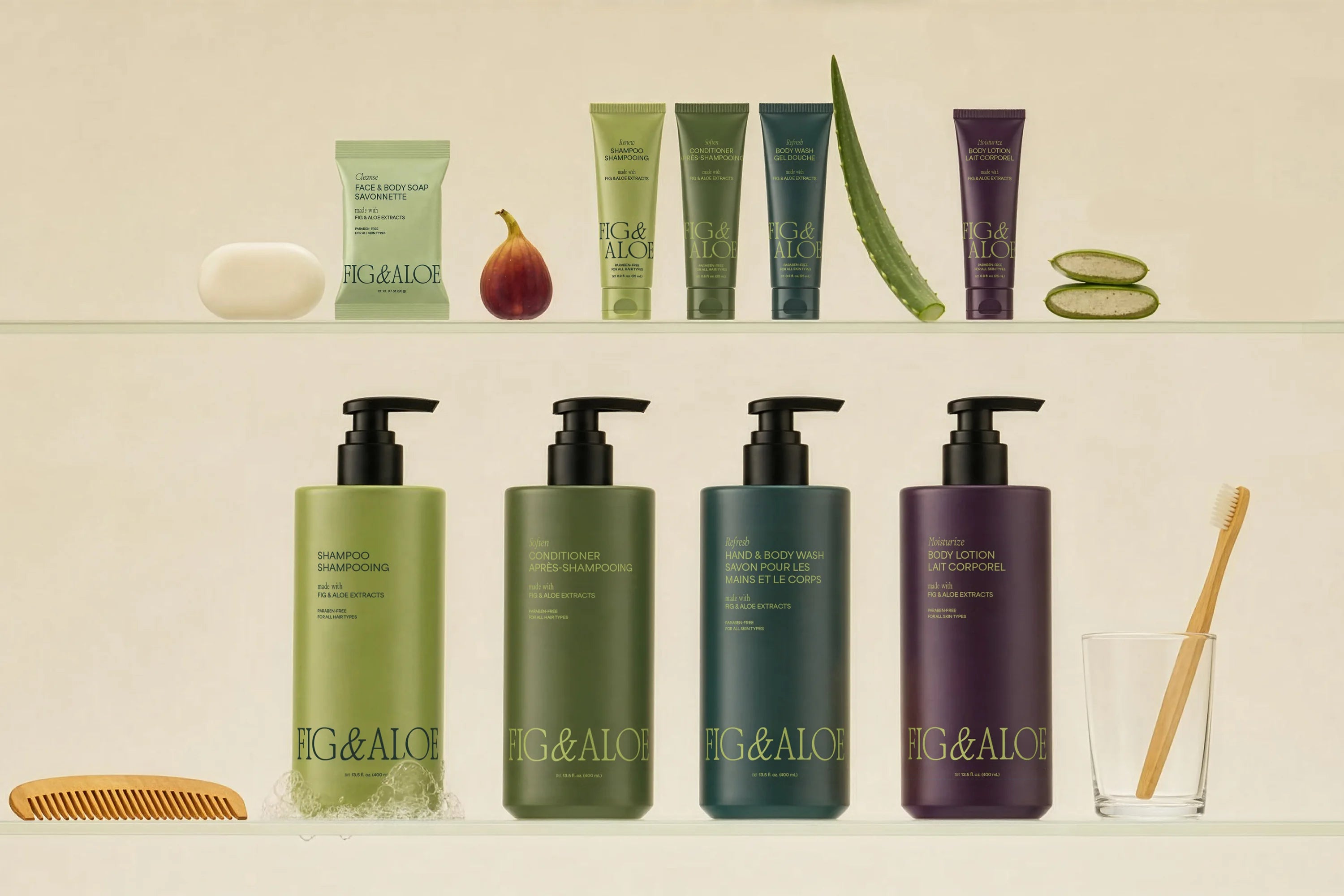 Fig and Aloe collection displayed in a modern hotel bathroom