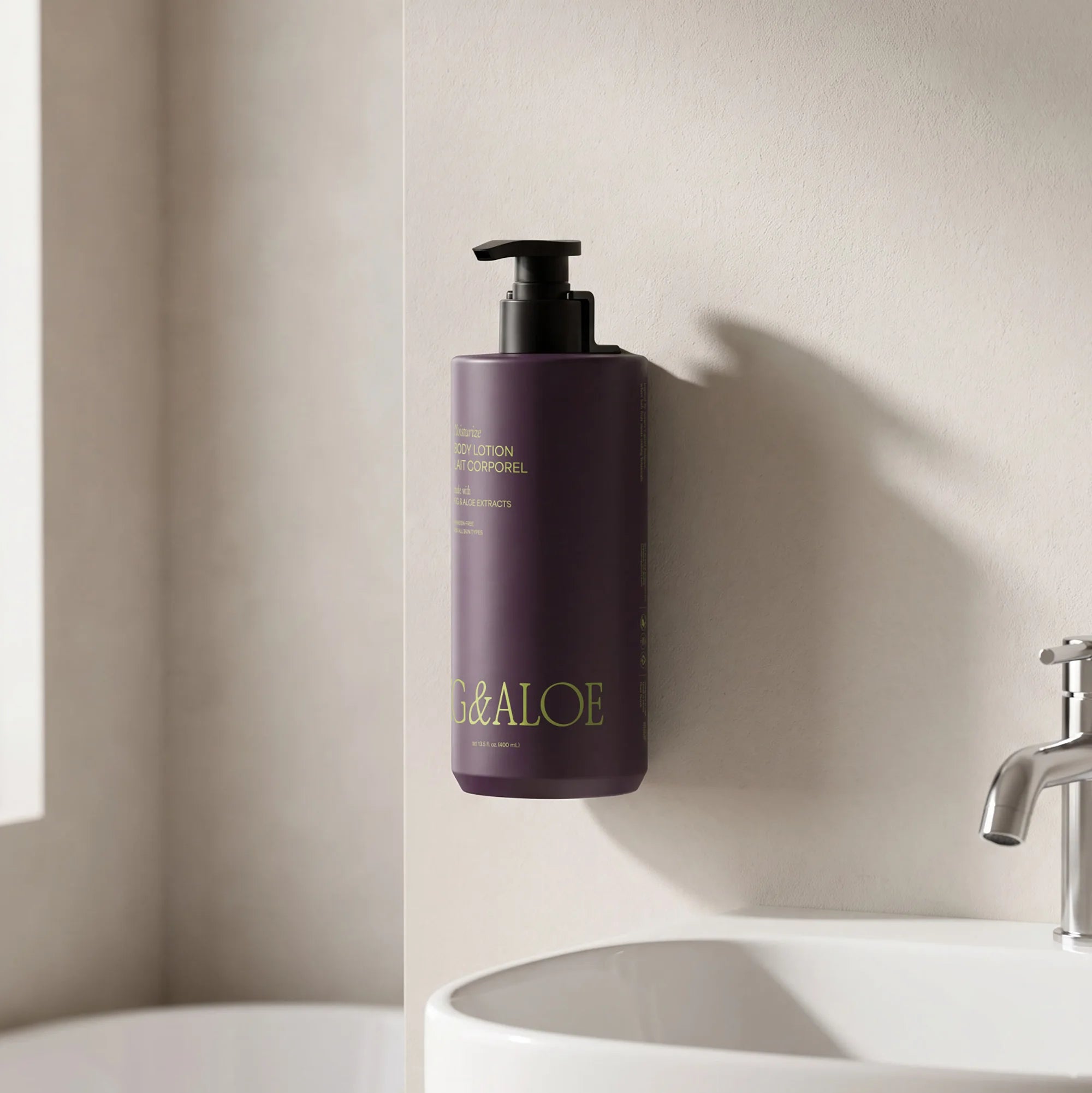 Wall-mounted Fig and Aloe body lotion dispenser