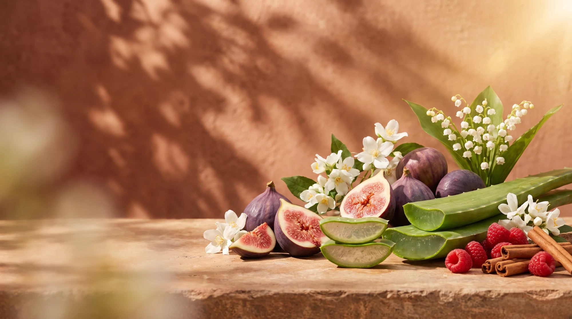 Fresh figs, sliced aloe, jasmine, lily of the valley, raspberries and cinnamon on warm stone against a sunlit terracotta wall