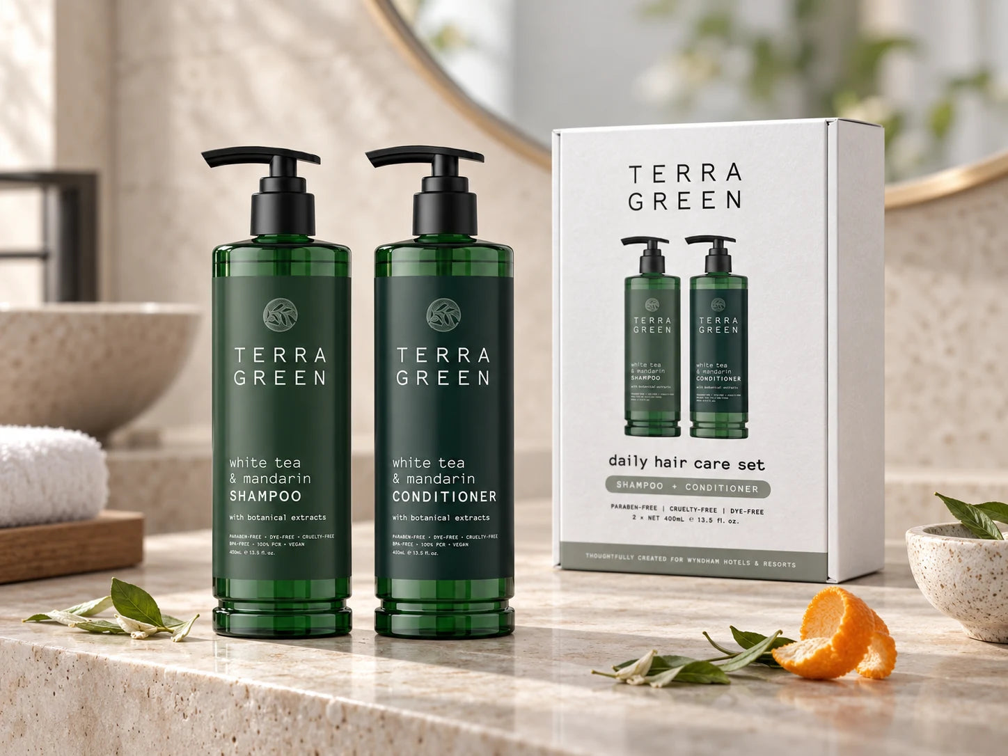 Terra Green White Tea and Mandarin take-home collection in a hotel bathroom